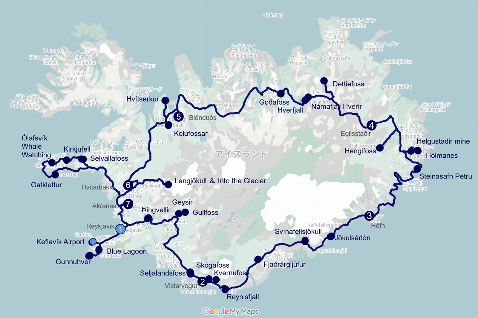 アイスランドで訪れたルートの地図